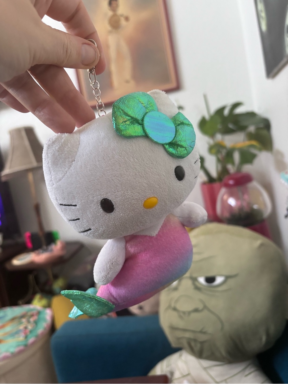 Hello Kitty Plush Mermaid Keychain - White & Iridescent Green Bow